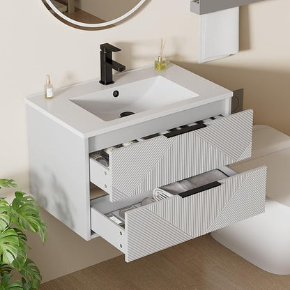 LUCKWIND 30" Floating Bathroom Vanity with Sink Combo, Wall Mounted Floating Cabinet with 2 Large Soft-Close Drawers & Water Saving Faucet, Geometric Textured Design in White