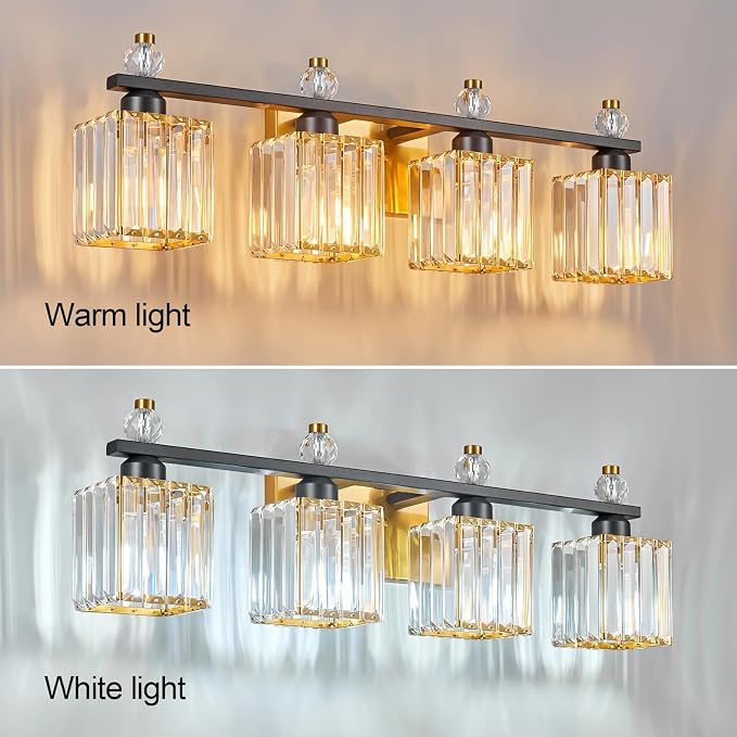 Vanity Lights 4-Light Modern Crystal Vanity Light Black Gold Bathroom Light Fixtures Over Mirror Crystal Bathroom Vanity Lighting Fixtures