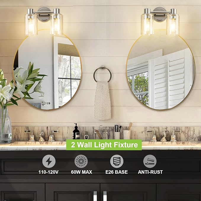 2 Light Bathroom Wall Sconce Light Fixtures with Clear Glass Bathroom Wall Lights Over Mirror Vanity Lights Chrome with E26 Base