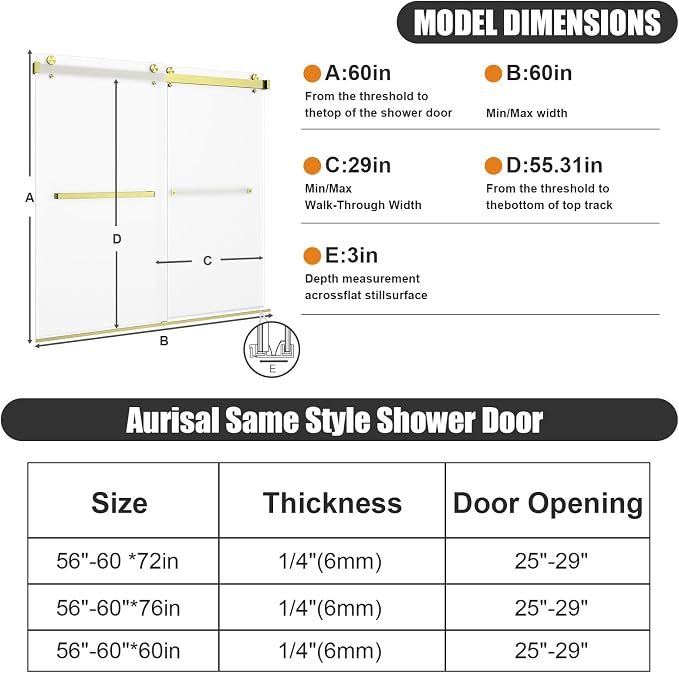 Frameless Shower Door,Frosted Sliding Shower Door for Bathtub, 56-60" W x 60" H-1/4” (6mm), 304 Stainless Steel Hardware, Nano Easy-Clean Glass, Quiet Rollers, Gold