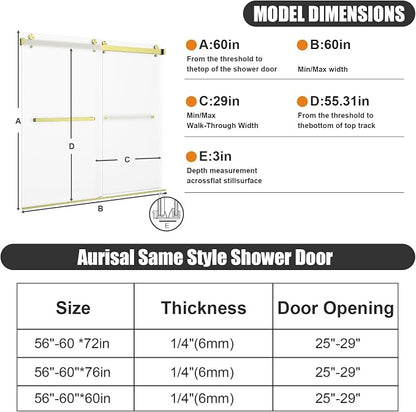 Frameless Shower Door,Frosted Sliding Shower Door for Bathtub, 56-60" W x 60" H-1/4” (6mm), 304 Stainless Steel Hardware, Nano Easy-Clean Glass, Quiet Rollers, Gold