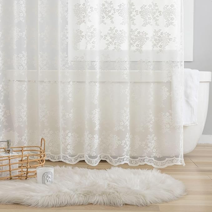 TUDECO Ivory Lace Shower Curtain with Valance, 72 x 72, Vintage Style, | Sheer Floral, Antique Bathroom Decor, Scalloped Bottom, Soft Light Filtering, Gentle Privacy, Reinforced Holes