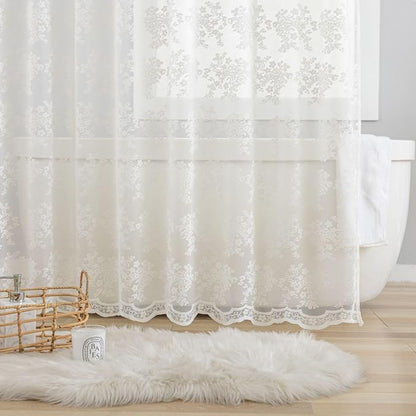 TUDECO Ivory Lace Shower Curtain with Valance, 72 x 72, Vintage Style, | Sheer Floral, Antique Bathroom Decor, Scalloped Bottom, Soft Light Filtering, Gentle Privacy, Reinforced Holes