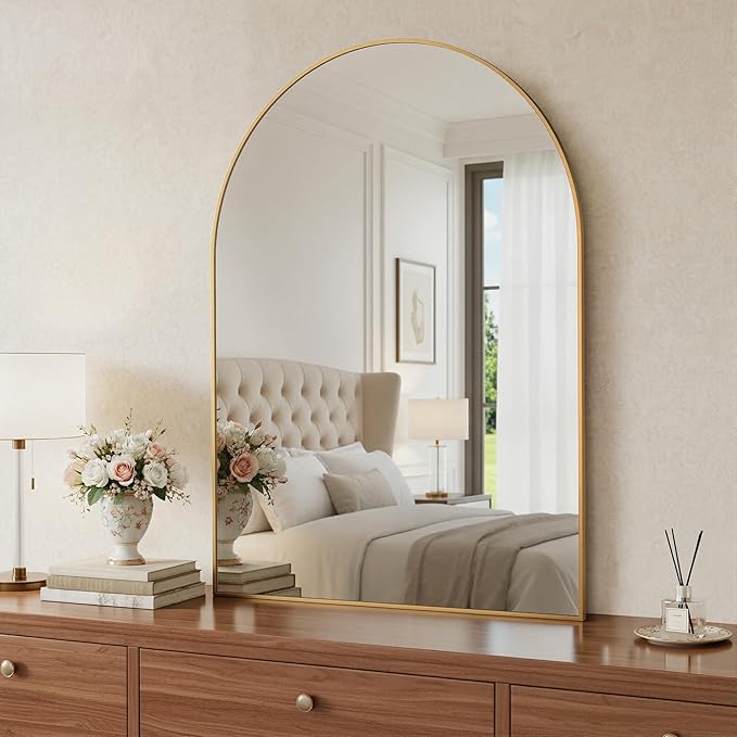 Antok Arched Bathroom Mirror, 30"x40" Wall Mounted Mirror, Vanity Mirrors for Over Sink, Aluminum Alloy Frame Bathroom Mirrors Living Room, Bedroom and Entryway, Gold
