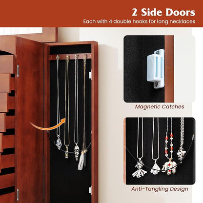 COSTWAY Standing Jewelry Cabinet, Wooden Jewelry Storage Chest with 9 Drawers, 2 Side Doors & Flip Top Mirror, Bedroom Jewelry Armoire with Top Divided Compartments