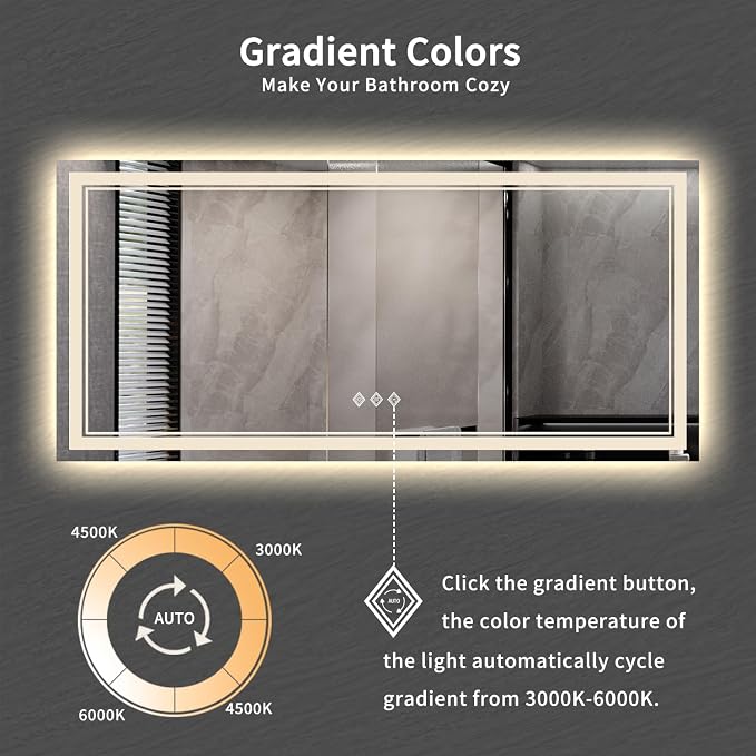 Big Bathroom Mirror, 84x40 Inch Gradient Front and Backlit Lighted Mirror, 3 Colors Dimmable CRI>90 Double Lights, IP54 Enhanced Anti-Fog, Wall Mount LED Vanity Mirror