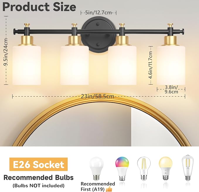 23 Inch 4-Light Bathroom Vanity Light, Modern Black and Gold Vanity Light | 23'' Bathroom Wall Sconce With White Frosted Glass Shades, Anti-Rust Vanity Light Fixture Over Mirror, E26(Bulb Not Include)
