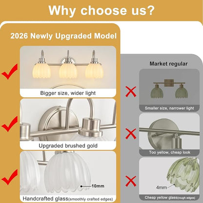 Bathroom Light Fixtures(3-Light, 20 Inch), Brushed Nickel Vanity Lights for Bathroom with Ribbed White Tulip Glass Shade, Vintage Vanity Wall Lights for Mirror Bedroom Living Room Hallway