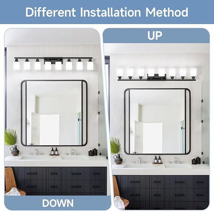 8 Light Bathroom Vanity Light,Modern Matte Black Bathroom Light Fixtures Over Mirror with Square Frosted Glass,Wall Sconces for Restroom,Living Room Hallway E26