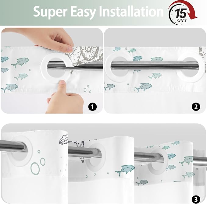 No Hook Shower Curtain and Liner Set, Green Beach Coastal 71x74 | Nautical Ocean for Bathroom, with Snap in Liner Replacement, Mesh Top Window, Waterproof, Machine Washable, Quick-Drying