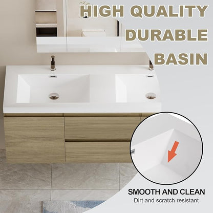 Pre-Assembled 60" Floating Bathroom Vanity with 2 Sinks, Natural Oak | Wall-Mounted Bathroom Vanity with Solid Surface Top Basin, 2 Soft Close Drawers and 2 Doors, Easy to Install & Clean