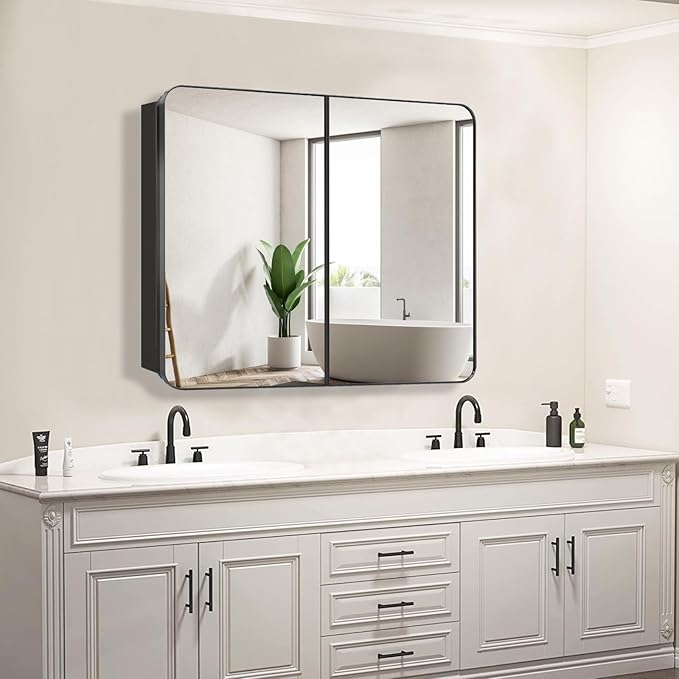 30’’x26’’ Medicine Cabinet,Metal Framed Medicine Cabinet Mirror with Round Corner,Recessed and Surface Mount Bathroom Mirror with Storage,Removeable Shelves,Dark Gray Frame