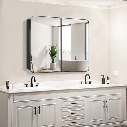 30’’x26’’ Medicine Cabinet,Metal Framed Medicine Cabinet Mirror with Round Corner,Recessed and Surface Mount Bathroom Mirror with Storage,Removeable Shelves,Dark Gray Frame