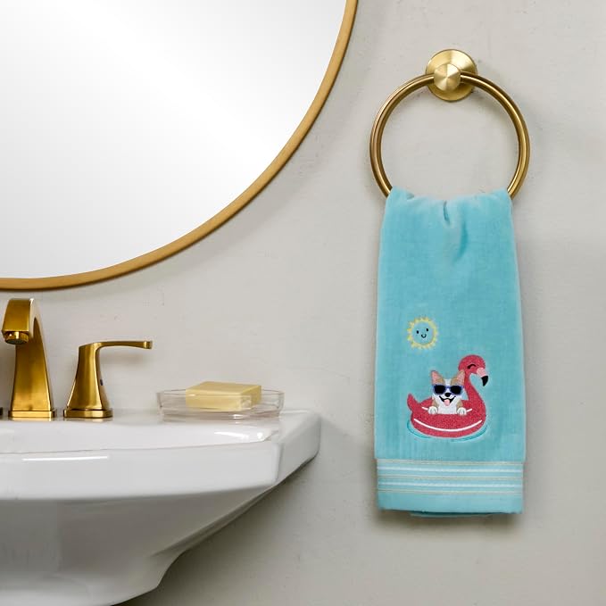 SKL Home Floating Corgi Hand Towel 2pc Set for Bath/Kitchen/Bar & Gift, Aqua