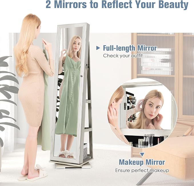 360° Rotating Jewelry Armoire, Freestanding Jewelry Cabinet with Inside Makeup Mirror, 2-in-1 Lockable Jewelry Organizer w/Full-Length Mirror for Women (Grayish White)