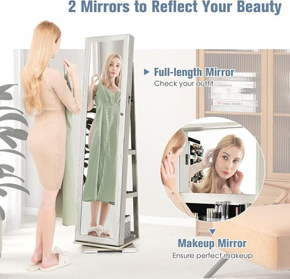 360° Rotating Jewelry Armoire, Freestanding Jewelry Cabinet with Inside Makeup Mirror, 2-in-1 Lockable Jewelry Organizer w/Full-Length Mirror for Women (Grayish White)