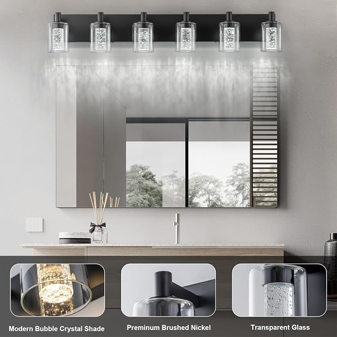 SineRise Vanity Light with 3 Color Modes (3000K/4000K/6000K), Eye Protection LED Bathroom Light Fixture, Dimmable Modern Wall Light Over Mirror with Clear Glass Shade (Black, 6-Light)