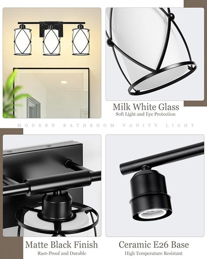 3-Light Black Bathroom Light Fixtures with Milk White Frosted Glass, 21" Modern Bathroom Vanity Lighting Fixtures Over Mirror with Metal Cage, Wall Sconce Lights for Bath, E26, CH9176BKW-3W