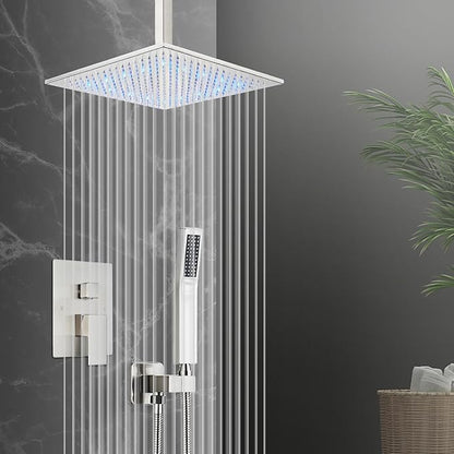Shower System 12 Inch LED Square Showerhead Shower Faucet Set Shower Kit with Handheld Spray SUS304 Stainless Steel Shower Trim Kit Handheld shower with Rough-in Valve Brushed Nickle…