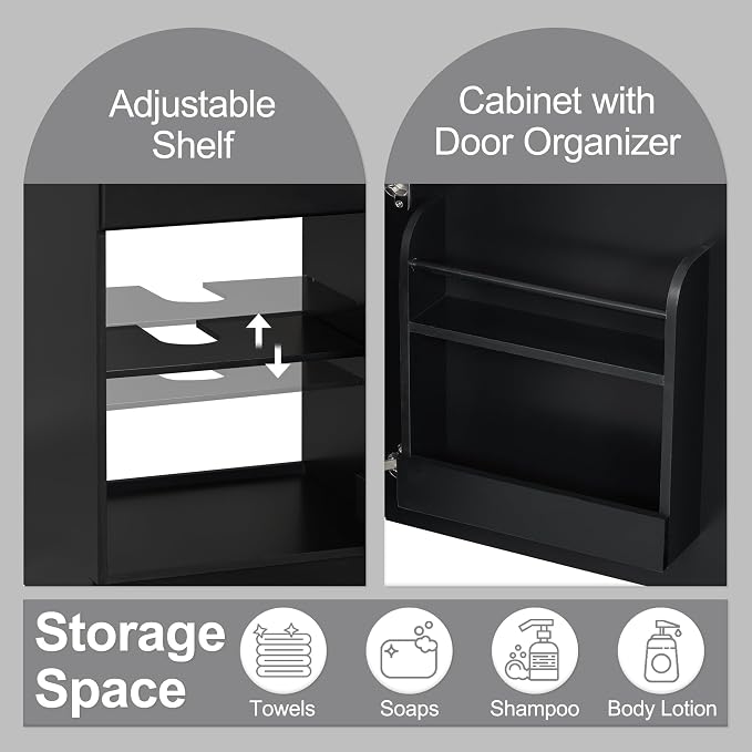 Christopher Knight Home Vanes Wood Frame 20" Bathroom Vanity with Ceramic Sink, Cabinet with Soft-Closing Door Shelf and Adjustable Shelf, Open Back, Metal Hardware, Storage/Organizer, Black