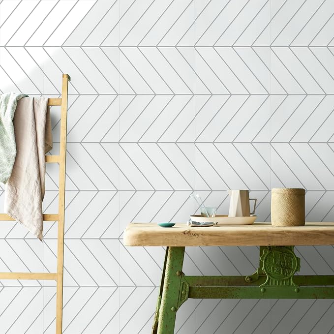 STICKGOO Herringbone Peel and Stick Backsplash, White/Grey Grout, 10 Sheets | 12.6 x 9.7 in, Thicker Rectangular Vinyl Stick-On Wall Tiles, Easy Alignment, Waterproof, Easy to Clean, Kitchen/Bathroom