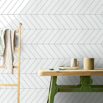 STICKGOO Herringbone Peel and Stick Backsplash, White/Grey Grout, 10 Sheets | 12.6 x 9.7 in, Thicker Rectangular Vinyl Stick-On Wall Tiles, Easy Alignment, Waterproof, Easy to Clean, Kitchen/Bathroom