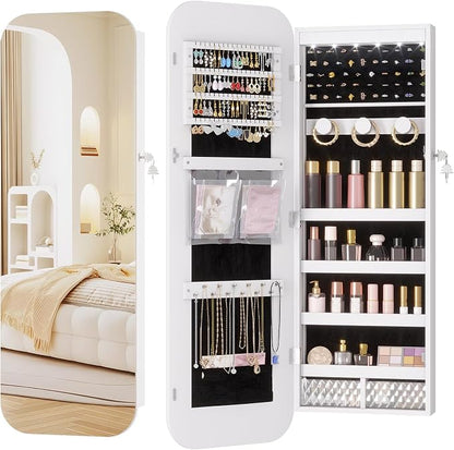 LVSOMT 6 LEDs Mirror Jewelry Cabinet Door Hanging, 42.5", Lockable, White | Jewelry Organizer with Full Length Mirror, Wall Mounted Large Jewelry Storage for Earrings, Rings, Necklaces