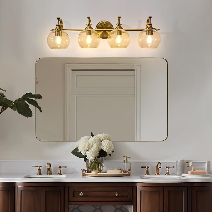 Brass Vanity Light, Gold Bathroom Light Fixtures 4 Lights, 27.8 Inch Vintage Bathroom Sconces, Brushed Brass Vanity Lighting with Globe Clear Glass Shade, E26 Base (Bulbs Not Included)