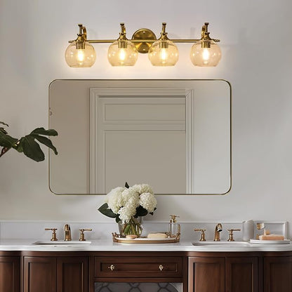 Brass Vanity Light, Gold Bathroom Light Fixtures 4 Lights, 27.8 Inch Vintage Bathroom Sconces, Brushed Brass Vanity Lighting with Globe Clear Glass Shade, E26 Base (Bulbs Not Included)