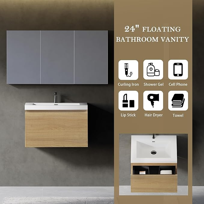 24'' Floating Bathroom Vanity with Sink Combo, Modern Wall-Mounted Striped Bathroom Storage Cabinet with Soft-Close Drawer and Glossy White Solid Surface Basin, No Assembly Required, Natural Oak