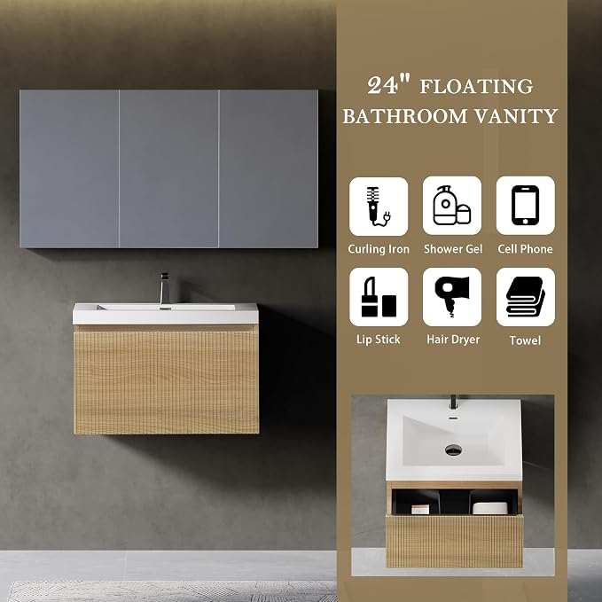 24" Floating Bathroom Vanity with Sink, Wall-Mounted Modern Oak Storage Cabinet, Wave-Textured Soft-Close Drawer & Glossy White Solid Surface Basin, Natural Oak