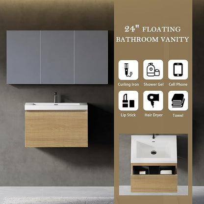 24" Floating Bathroom Vanity with Sink, Wall-Mounted Modern Oak Storage Cabinet, Wave-Textured Soft-Close Drawer & Glossy White Solid Surface Basin, Natural Oak