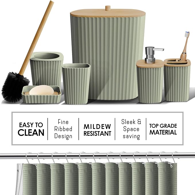 Clara Clark Bathroom Accessories Set - Bathroom Set, Bathroom Accessory Set, Shower Curtain Set, Toilet Brush, Trash Can & Soap Dispenser - Sage Green - 20PC | 20 Piece Sage Green Bathroom Accessories Set with Toothbrush Holder, Soap Dispenser, Soap Di...
