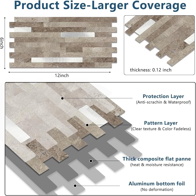 Yipscazo 2 Sheets PVC Wall Tiles Stick on Tiles for Backsplash Kitchen, Bathroom, Laundry Room, Camper, Fireplace (6'' X 12'', Brownish Stone)