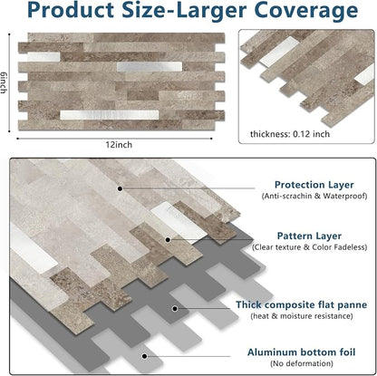 Yipscazo 10 Sheets PVC Wall Tiles Stick on Tiles for Backsplash Kitchen, Bathroom, Laundry Room, Camper, Fireplace (6'' X 12'', Brownish Stone)