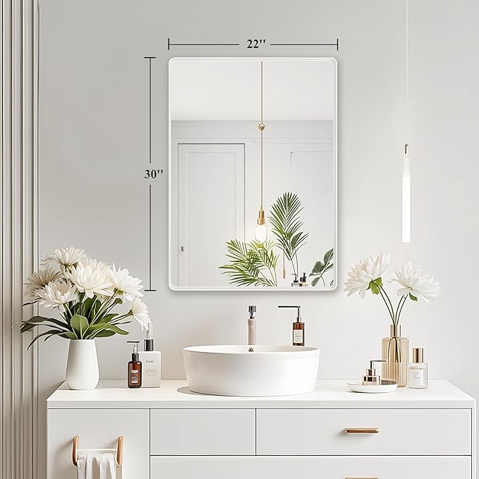 Fabuday Bathroom Mirror for Wall 30x22 Inch - White Metal Framed Over Sink Mirrors, White Vanity Mirror for Bedroom, Farmhouse Decor, Matte Finish, Horizontal or Vertical Hanging
