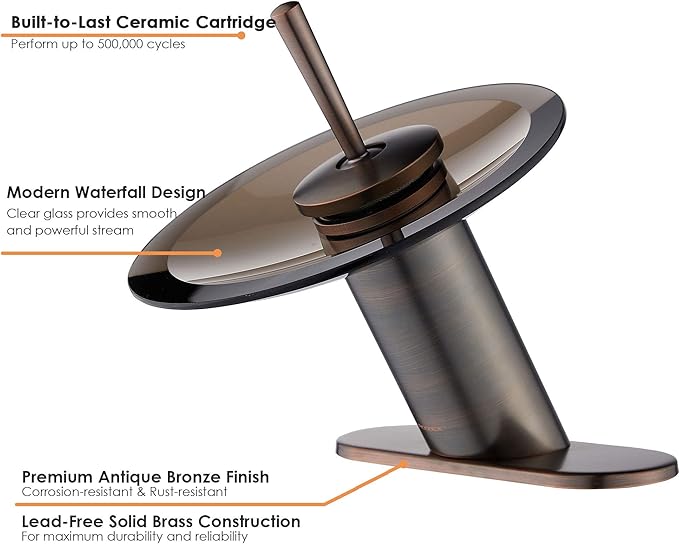 Waterfall Bathroom Sink Faucet Unique Brass Modern Circle Glass Waterfall Faucet for Basin Vanity Single Hole Pedestal Sink Faucets One Handle Corner Sink Bathroom Faucet, Oil Rubbed Bronze