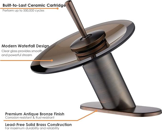 Waterfall Bathroom Sink Faucet Unique Brass Modern Circle Glass Waterfall Faucet for Basin Vanity Single Hole Pedestal Sink Faucets One Handle Corner Sink Bathroom Faucet, Oil Rubbed Bronze
