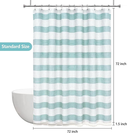 Boho Chic Thick Teal Shower Curtain with Tassels, 350GSM Cotton Linen Soft Fabric Shower Curtain Aqua Green, 72 x 72 Inch Heavyweight Elegant Farmhouse Bathroom Decor Curtain French Country