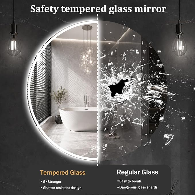 Round LED Bathroom Mirror, 36 Inch, HD Shatterproof Tempered Glass | Lighted Bathroom Mirror with Dimmable Lights Bathroom Mirror with Lights for Wall, 3 Color Temperatures