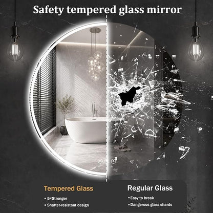 Round LED Bathroom Mirror, 36 Inch, HD Shatterproof Tempered Glass | Lighted Bathroom Mirror with Dimmable Lights Bathroom Mirror with Lights for Wall, 3 Color Temperatures