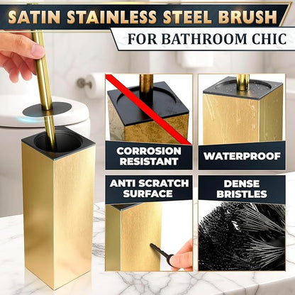 Gold Toilet Brush and Holder Set, Stainless Steel (Square) | Toilet Brush with Holder Set for Bathroom, Splash Protection & Dense Bristles for Bathroom Cleaning, Removable Inner Bowl