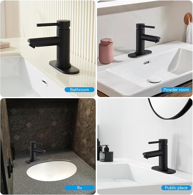 Bathroom Faucets with Pop Up Drain, Stainless Steel Single Handle Bathroom Sink Faucets with Water Faucet Supply Lines for Farmhouse RV Vanity(Matte Black)