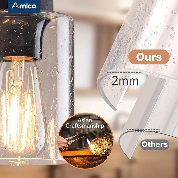 Amico Farmhouse Bathroom Vanity Light Fixtures,Rustic 6-Light Industrial Painted Wood Lights,Vintage Black Wall Sconces Bathroom Vanity Lighting with Bubble Glass Shade