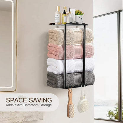 Towel Racks for Bathroom Towel Holder with Shelf & 6 Hooks Wall Mounted Towel Storage Rack for Rolled Towels Organizer, Sturdy Metal Towel Shelf, Black