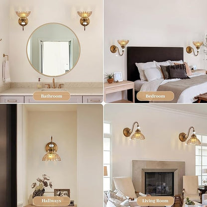 1 Piece Vintage Wall Sconce, 1-Light Matte Antique Brass Finish Wall Sconce with Hanging Crystal Accents and Flower-Shaped Amber Shades for Bathroom Bedroom Living Room,Vintage Vanity Light