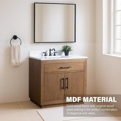 HOMEBEYOND 36" Bathroom Vanity with Single Sink & Ceramic Top, MDF Material Vanity Cabinet with Basin Combo, Soft-Closing Doors, Removable Shelf, Backsplash, Tan