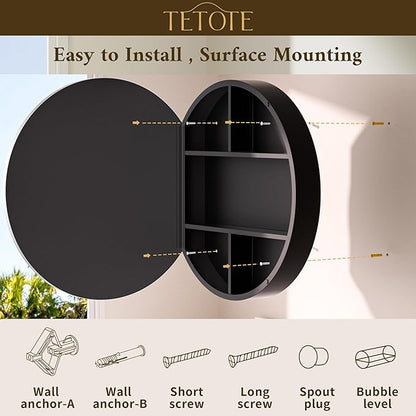 TETOTE 24 x 24 Inch Medicine Cabinet Mirror Matte Silver Gray Framed Round Mirrored Medicine Cabinets for Bathroom Adjustable Shelves Modern Bathroom Mirror with Storage Wall Mounted
