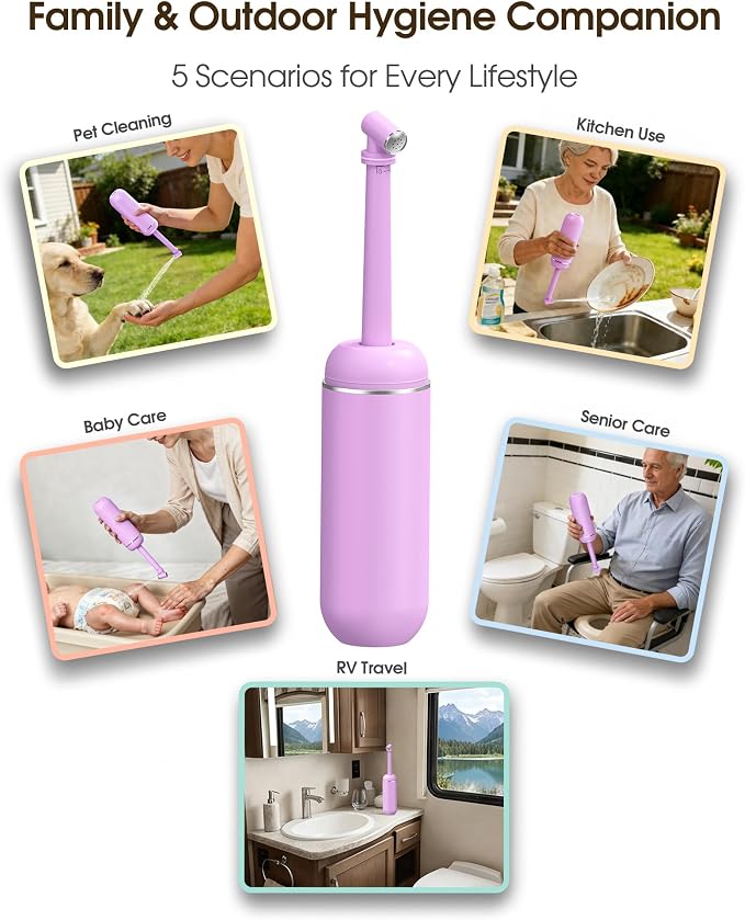 Portable Bidet for Travel & Camping - Manual Squeeze Peri Bottle Handheld | 3 Leak-Proof Seals | BPA-Free | Feminine Hygiene Care Postpartum | Extendable Sprayer with Nozzle for Men&Women-Light Purple