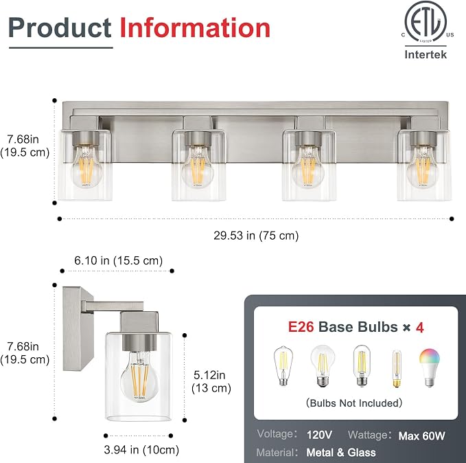 4-Light Brushed Nickel Bathroom Light Fixtures, with Clear Glass Shade | 29.5 Inch Bathroom Lighting Fixtures Over Mirror, Modern Wall Light, bathroom vanity light E26 Socket, ETL
